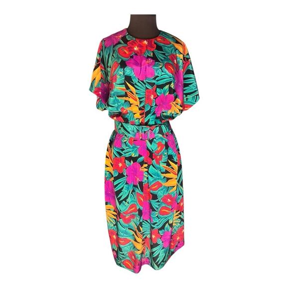 Vtg 90s Colorful Floral Tropical Belted Modest Dress M Petite Retro Resortwear - Picture 1 of 8